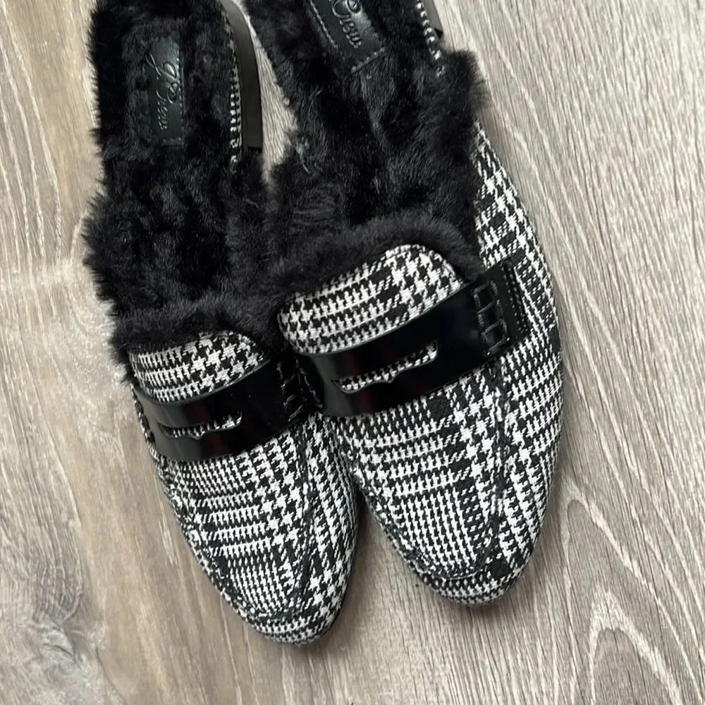 J.Crew Academy Loafer Mule with Faux Fur Lining Black/ Ivory Plaid Fabric